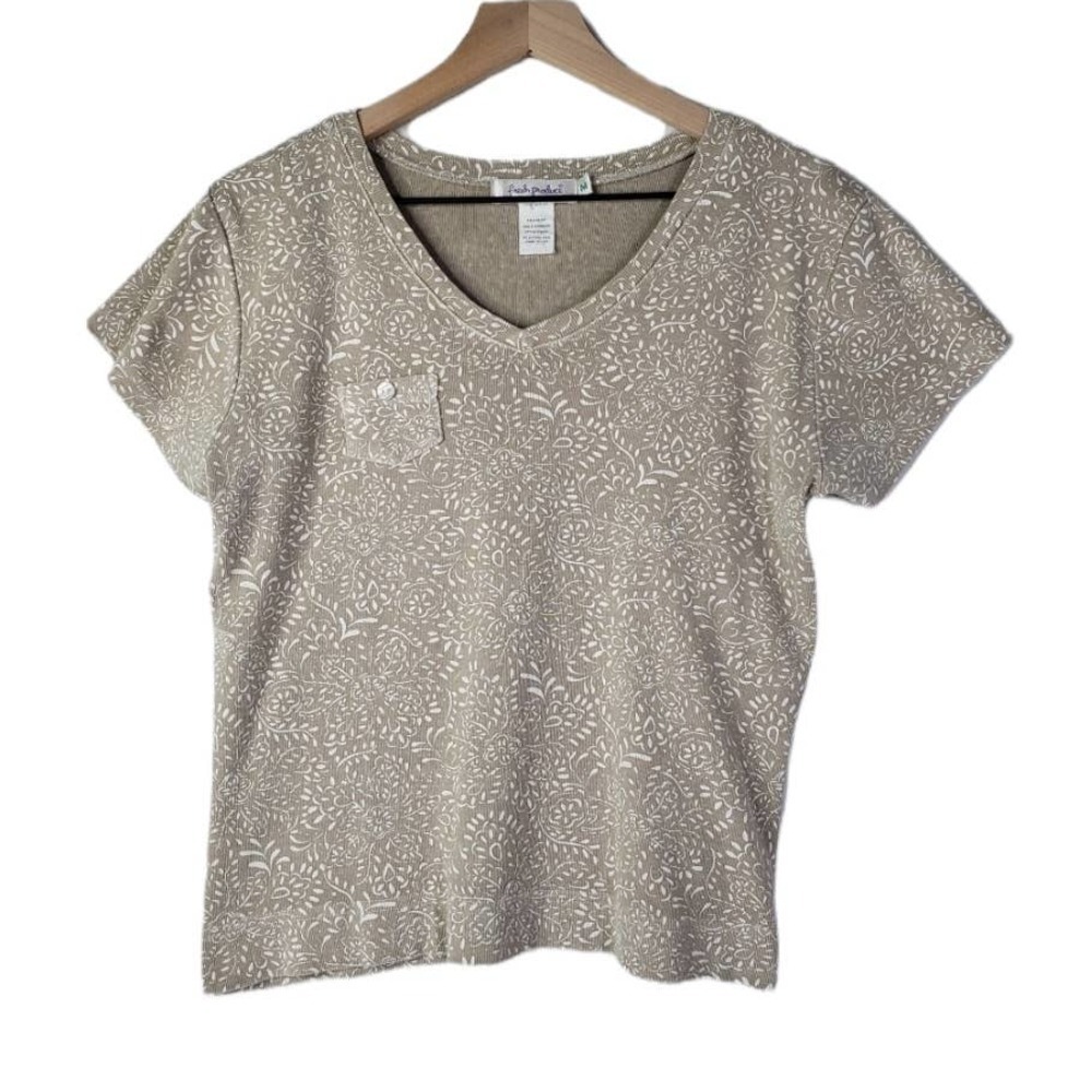 Fresh Produce Short Sleeve Tee M Tank White Floral Print V-Neck